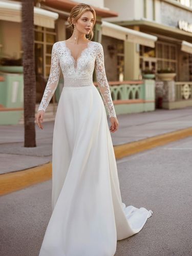 Robe de mariée vintage Ivoire A-ligne Avec traîne à taille naturelle manches longues Robes de mariée - milanoo.com - Modalova