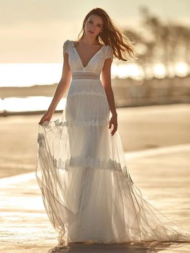 Robe de mariée bohème en tulle col V manches courtes détail zip - milanoo.com - Modalova