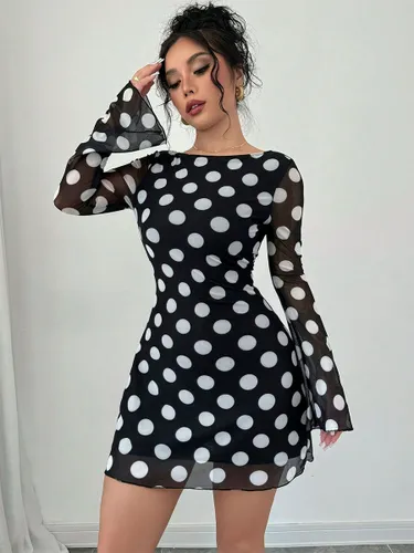 Robe mini moulante à pois manches longues et dos nu collection 2026 - milanoo.com - Modalova