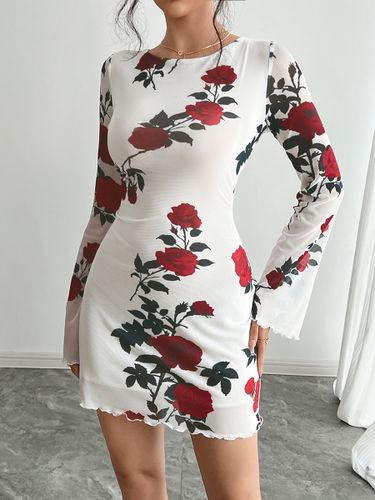Robe moulante mini dos nu à imprimé rose et manches évasées en résille 2026 - milanoo.com - Modalova