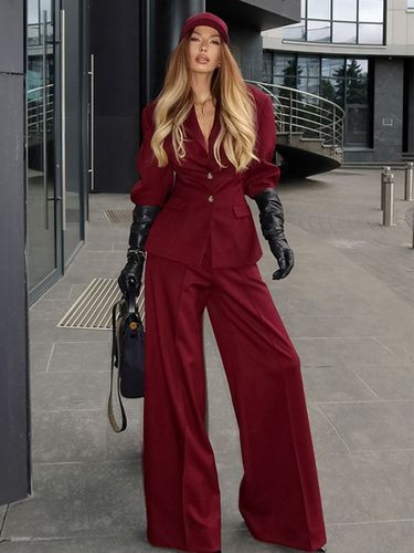 Ensemble tailleur-pantalon élégant - Pantalon large rouge à revers cranté et boutons dorés - Idéal pour les soirées d'affaires du printemps 202 - milanoo.com - Modalova
