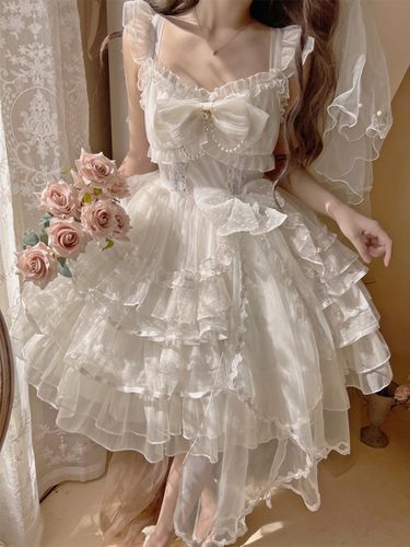 Robe courte Lolita blanche Sweet Lolita JSK avec nœud latéral volants et dentelle - milanoo.com - Modalova