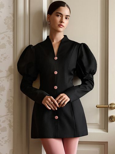 Robe courte à manches bouffantes style rétro chic - élégant col montant coupe moulante - Idéale pour le printemps 2026 - milanoo.com - Modalova
