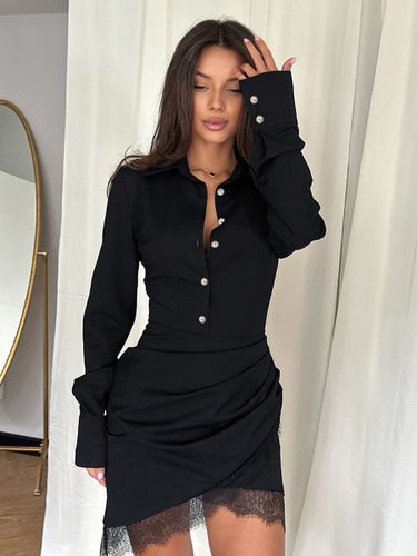 Robe-chemise froncée mini-robe chic - Ourlet en dentelle manches longues coupe moulante - Idéale pour le printemps du bureau au dîner (2026) - milanoo.com - Modalova