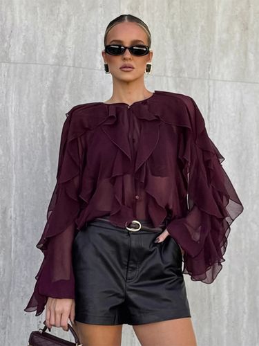 Chemisier en mousseline à volants haut chic et transparent - Rouge vin rétro victorien à manches évasées - Collection Printemps 2026 - milanoo.com - Modalova
