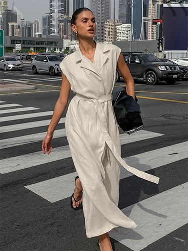 Robe-chemise en lin et coton mélangés couleur avoine - Robe longue sans manches à revers cranté et poche - Élégante tenue de bureau d'été avec - milanoo.com - Modalova