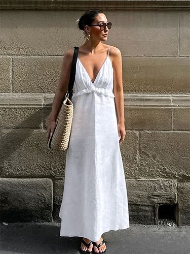 Robe longue blanche 100 % coton - Bretelles spaghetti buste froncé - Robe de plage sexy à col en V et volants - Collection 2026 - milanoo.com - Modalova