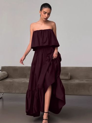 Robe longue bustier 100% coton tons naturels - Robe d'été sexy à volants et haut tube - Robe longue bohème pour les vacances à la plage 2026 - milanoo.com - Modalova