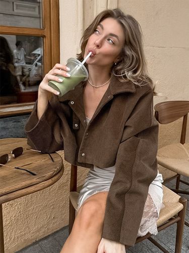 Veste courte en velours côtelé marron - Haut utilitaire oversize - Style streetwear Maillard tenues décontractées du quotidien 2026 - milanoo.com - Modalova