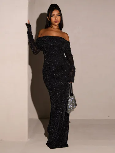 Robe longue à paillettes épaules dénudées - Robe sirène à manches longues en maille scintillante - Tenues de soirée de gala printanières 2026 - milanoo.com - Modalova