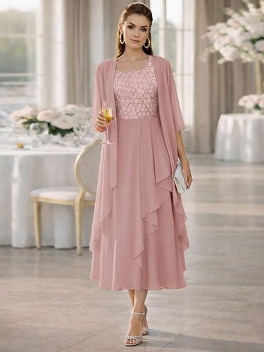 Robe de mère de la mariée deux pièces col rond manches mi-longues coupe trapèze dentelle longueur thé idéale pour un mariage ou une réception - milanoo.com - Modalova