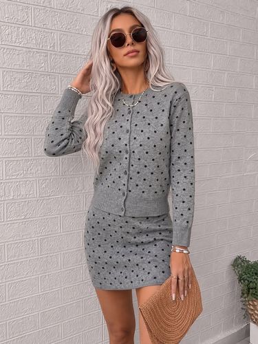 Ensemble deux pièces jupe à pois boutons acryliques col rond chic manches longues - milanoo.com - Modalova