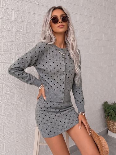 Ensemble deux pièces jupe à pois boutons acryliques col rond chic manches longues - milanoo.com - Modalova