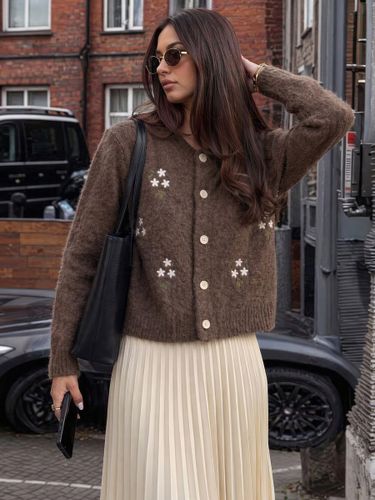Pulls et gilets marron café en acrylique à imprimé floral boutons manches longues col rond - milanoo.com - Modalova