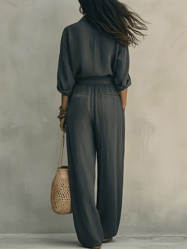 Ensemble deux pièces : pantalon décontracté chemise à boutons col rabattu manches longues - milanoo.com - Modalova