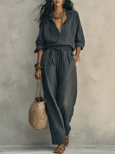 Ensemble deux pièces : pantalon décontracté chemise à boutons col rabattu manches longues - milanoo.com - Modalova