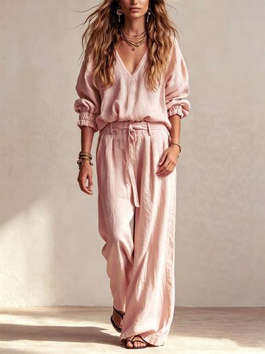 Ensemble deux pièces pantalon décontracté pour vacances en polyester col en V manches longues - milanoo.com - Modalova