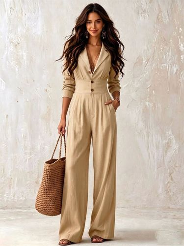 Combinaison d'été droite à col rabattu et manches longues couleur abricot avec boutons - milanoo.com - Modalova