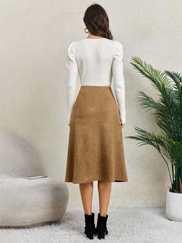 Jupes en daim kaki taille naturelle chics mi-mollets style printemps - milanoo.com - Modalova