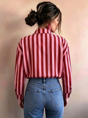 Blouse à rayures roses col rabattu manches longues chics - milanoo.com - Modalova