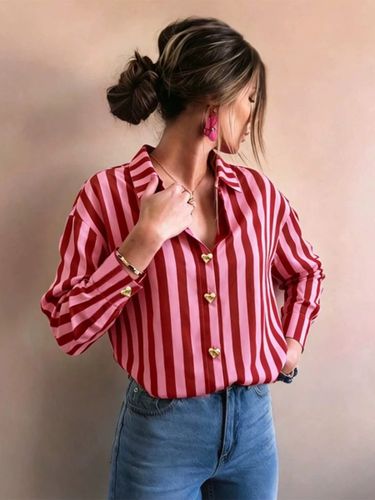 Blouse à rayures roses col rabattu manches longues chics - milanoo.com - Modalova