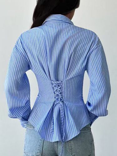 Blouse à rayures coupe cintrée lacée col rabattu manches longues chics - milanoo.com - Modalova