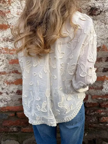 Chemise brodée à col rabattu manches longues style décontracté - milanoo.com - Modalova