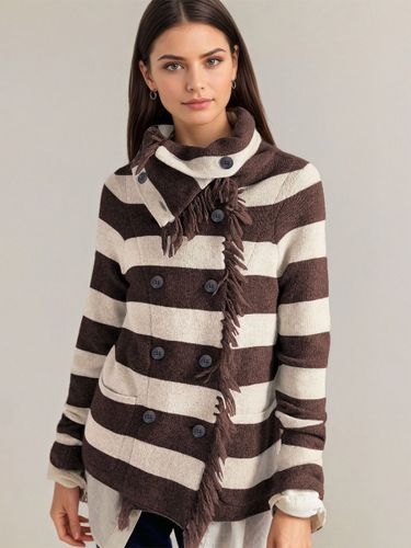 Pulls et gilets marron en acrylique à franges et blocs de couleur manches longues et col montant - milanoo.com - Modalova
