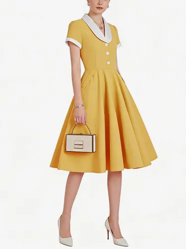 Robe trapèze vintage à col contrastant manches courtes boutonnée sur le devant taille haute coupe midi - milanoo.com - Modalova