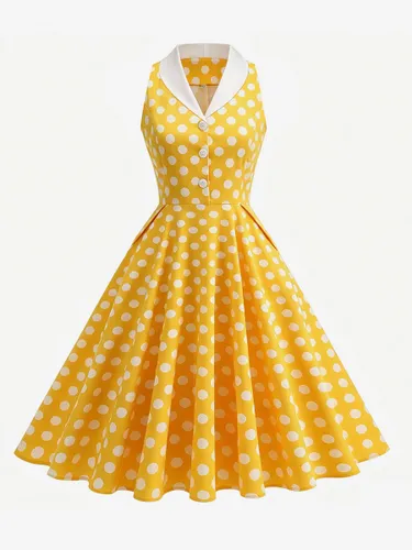 Robe vintage à pois sans manches col à revers boutonnée sur le devant poches latérales coupe trapèze longueur midi évasée - milanoo.com - Modalova