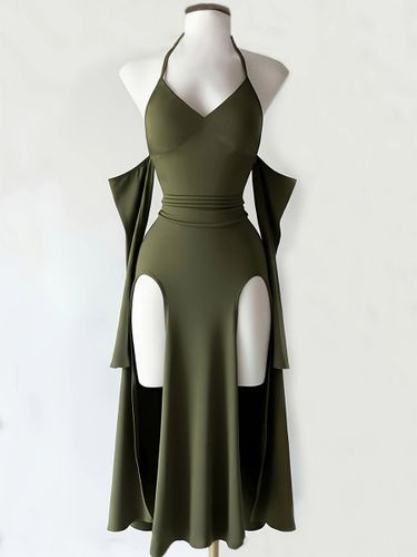 Robe de soirée dos nu à épaules dénudées fente haute robe midi à manches évasées amovibles taille cintrée robe de soirée cintrée - milanoo.com - Modalova