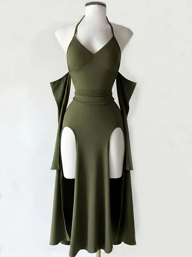 Robe de soirée dos nu à épaules dénudées fente haute robe midi à manches évasées amovibles taille cintrée robe de soirée cintrée - milanoo.com - Modalova