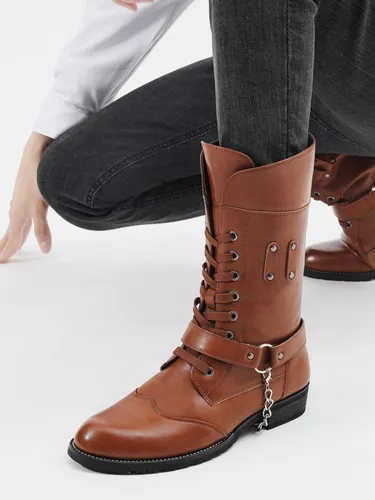 Bottines marron bout rond détail chaîne lacets - milanoo.com - Modalova
