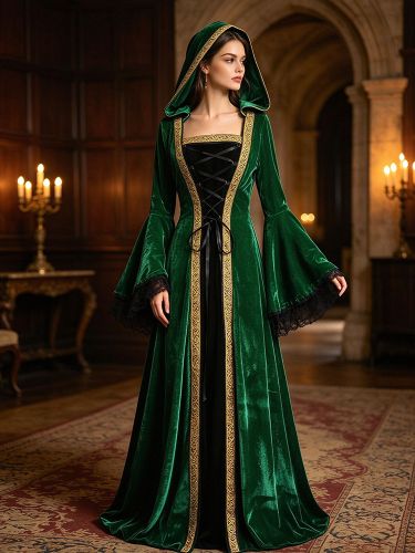 Robe longue médiévale à capuche pour femme tenue de sorcière costume Renaissance à lacets cosplay d'Halloween - milanoo.com - Modalova