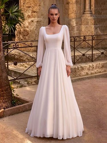 Robe de mariée bohème en mousseline et dentelle coupe trapèze taille naturelle fermeture éclair manches longues col carré robe civile - milanoo.com - Modalova