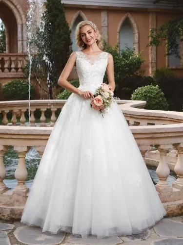 Robe de mariée de bal silhouette princesse longue jusqu'au sol col bijou sans manches taille naturelle ornée d'appliqués - milanoo.com - Modalova
