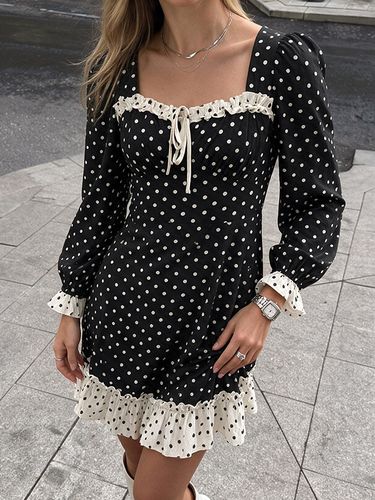 Robe courte à pois volants col carré manches longues - milanoo.com - Modalova