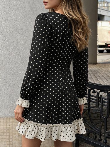 Robe courte à pois volants col carré manches longues - milanoo.com - Modalova