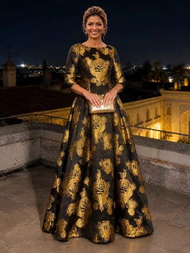 Robe de soirée trapèze col rond longueur au sol manches 3/4 fermeture éclair plissée jacquard robe de soirée formelle - milanoo.com - Modalova