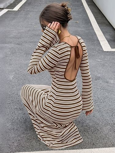 Robe longue maxi à col rond et manches longues - milanoo.com - Modalova