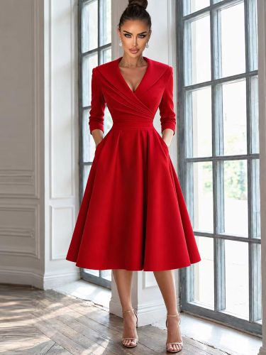 Robe de bal en satin col en V manches 3/4 plissée - milanoo.com - Modalova