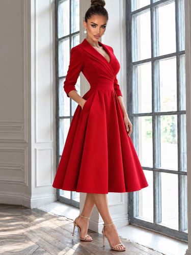 Robe de bal en satin col en V manches 3/4 plissée - milanoo.com - Modalova