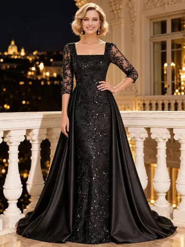 Robe de soirée trapèze col carré manches 3/4 fermeture éclair dentelle satin - milanoo.com - Modalova