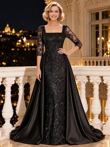 Robe de soirée trapèze col carré manches 3/4 fermeture éclair dentelle satin - milanoo.com - Modalova
