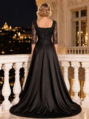 Robe de soirée trapèze col carré manches 3/4 fermeture éclair dentelle satin - milanoo.com - Modalova