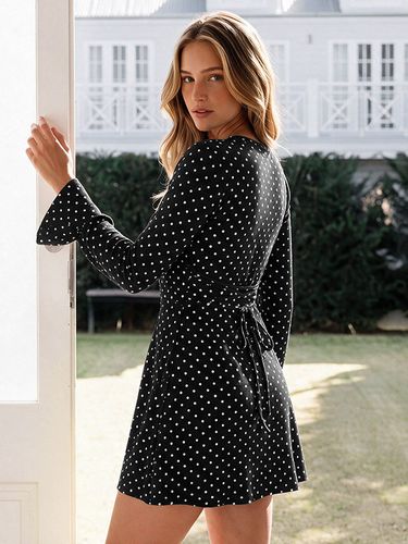 Robe courte à pois col en V manches longues évasées - milanoo.com - Modalova