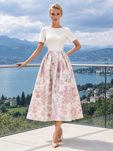Robe de mère col rond manches courtes coupe trapèze longueur thé robe d'invitée pour un mariage - milanoo.com - Modalova