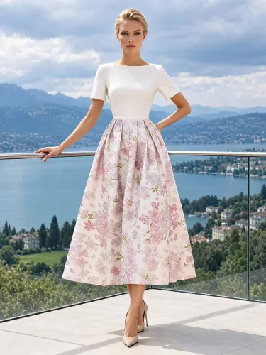 Robe de mère col rond manches courtes coupe trapèze longueur thé robe d'invitée pour un mariage - milanoo.com - Modalova