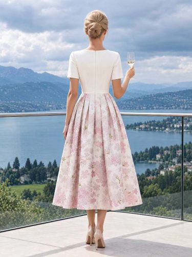 Robe de mère col rond manches courtes coupe trapèze longueur thé robe d'invitée pour un mariage - milanoo.com - Modalova