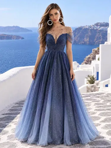 Robe de soirée trapèze à col rond et perles longue jusqu'au sol robe de cérémonie formelle - milanoo.com - Modalova